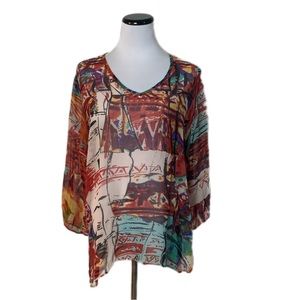 Chico’s SZ L Sheer Silk Multi Media Print Blouse